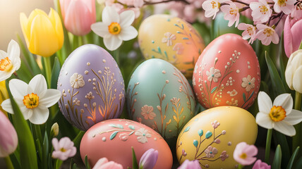 Easter eggs and spring flowers in a vibrant garden scene