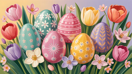 Vibrant easter eggs and flowers in a spring garden