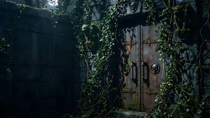 Mysterious old wooden door with vines and foliage.