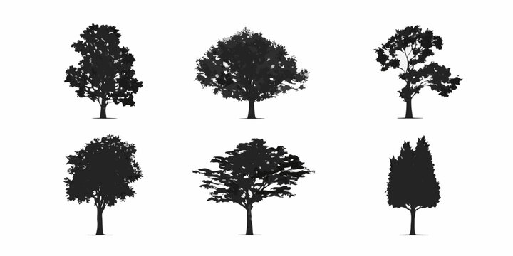 Collection of diverse black silhouettes depicting different types of trees