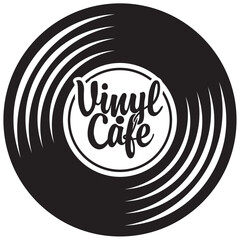 Vector menu or banner for cafe or music restaurant with vinyl records, plate, player and inscription in vintage style. Advertising poster, flyer, signboard, logo, menu. No ai used