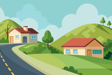 Fototapeta premium Idyllic Countryside Landscape with Houses and Winding Road rural