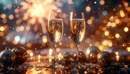 two champagne glasses with christmas decorations. two glasses of champagne. Happy New Year. Toast With Flutes Celebration