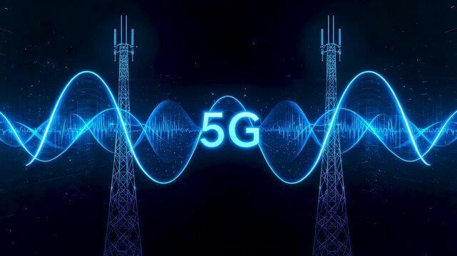 5G signal waves between communication towers displayed as blue light waveform on dark background