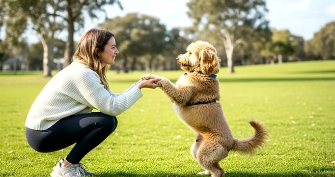 A happy woman bonding with her adorable goldendoodle dog during playtime at the park