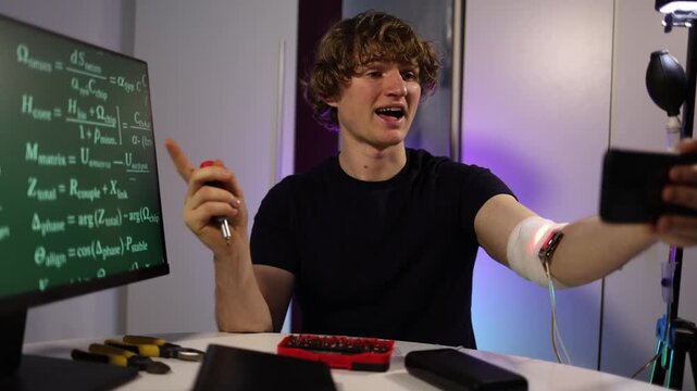 Young biohacker adjusts wearable sensor on his arm while checking data on smartphone inside a futuristic lab creating tense high tech experiment mood