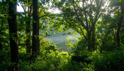 Obraz premium Serene green forest with layers of vibrant trees and gentle morning mist. Natural landscape symbolizing eco-friendly living, sustainability, environmental protection, climate awareness, and harmony.
