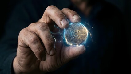 Hand holding glowing Bitcoin cryptocurrency coin.