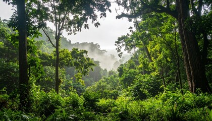 Obraz premium Serene green forest with layers of vibrant trees and gentle morning mist. Natural landscape symbolizing eco-friendly living, sustainability, environmental protection, climate awareness, and harmony.