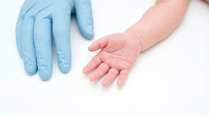 Closeup of a doctors gloved hand holding a newborn babys tiny hand 2.