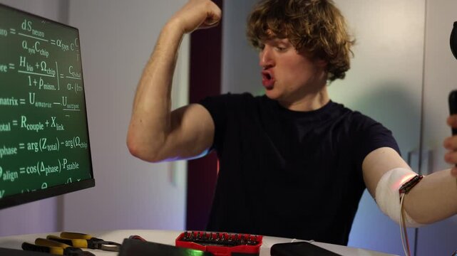 Young biohacker tests wearable tech on his arm with glowing sensor while monitoring data on screen creating intense futuristic lab energy