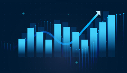 A bright blue arrow climbs over digital bars, symbolizing strong online business growth. Gradient columns form a futuristic chart, reflecting data‑driven decision‑making