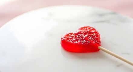 A vibrant red heart lollipop candy on a polished white marble surface, embodying a sweet love and romantic affection concept for Valentine's Day