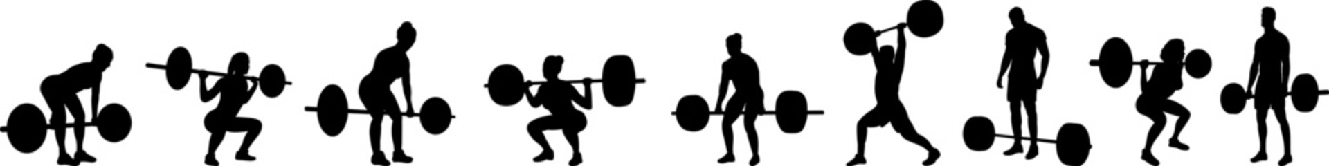Silhouette of a man training with a barbell, set, vector