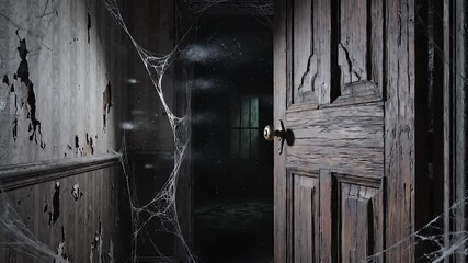 An eerie old wooden door stands slightly ajar in a dark abandoned house covered in thick cobwebs and peeling paint creating a chilling atmosphere of mystery and decay perfect for horror or suspense t.