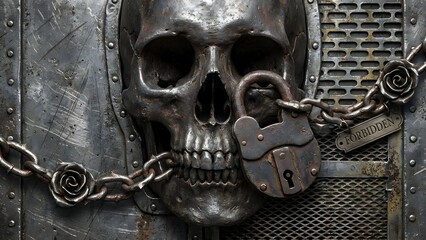 Metal Skull with Chain and Lock.