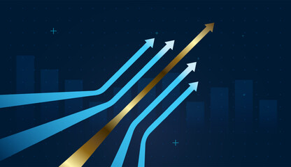 The Elegant upward arrows converge toward success, and A golden central arrow leads multiple blue arrows upward, highlighting market leadership and premium performance