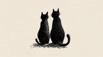 Two black cats sitting together and looking in the same direction on a plain background