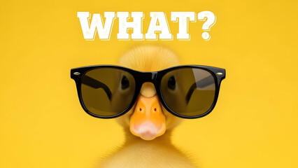 Surprised Duckling in Sunglasses: Humorous "WHAT?" Message on Bright Yellow Background.