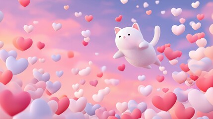 Cute cat floats among hearts in a colorful sky on Valentine's Day