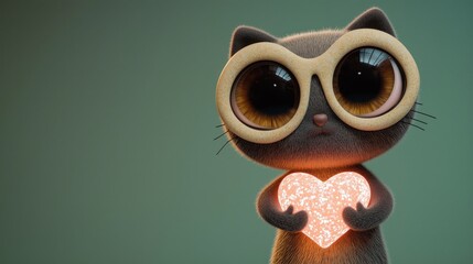 Cute cartoon cat holds glowing heart in front of green background