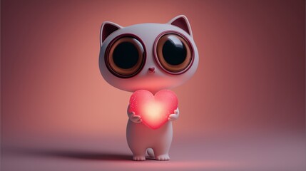 Cute cat figure holding a glowing heart on a simple background at night
