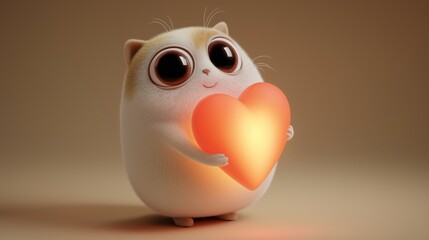 Cute animal character holds a glowing heart in a simple background in soft lighting