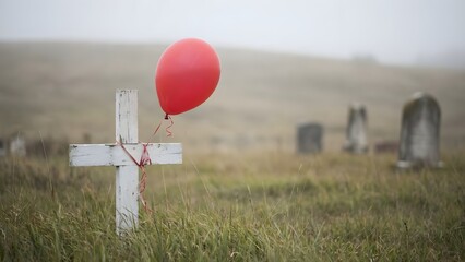 Red Balloon on Grave in Cemetery.