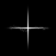 White glowing cross light with particle sparkle on black background