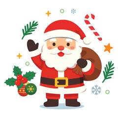 Jolly Santa Claus waving while holding a big gift bag.