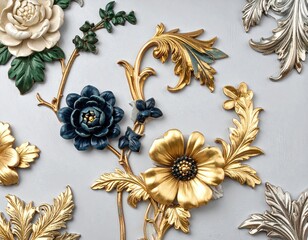 Fototapeta premium Close-up of ornate floral wall decor, gold, blue, and white
