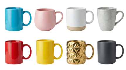 Collection of colorful ceramic coffee mugs with diverse textures and finishes isolated on