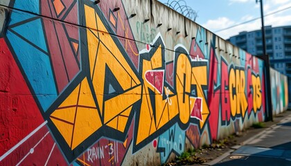 Intricate geometric graffiti art on urban wall, artwork, shapes