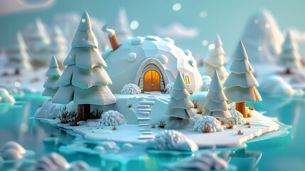 3d Isometric low poly clay style icy snowy island