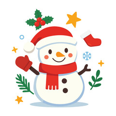 Cute festive snowman wearing a red hat and warm scarf.
