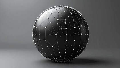 A glossy black sphere with interconnected silver dots on a gradient background