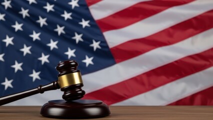 Classic wooden gavel perfectly complements a deeply folded American flag, symbolizing justice, law, and national freedom on a rich desktop