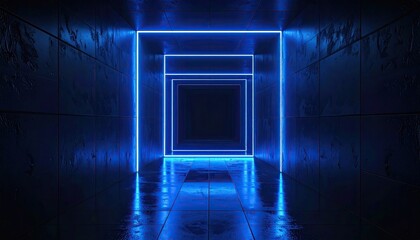 Dark hallway with neon blue square frames leading into a deep void