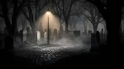 Spooky Cemetery Scene with Fog and Gravestones.