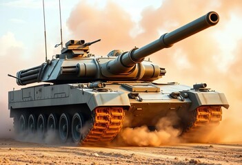 Modern battle tank firing main gun, smoke and dust, power, impact