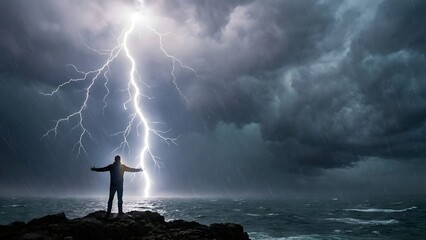 Man Standing on Cliff During Thunderstorm.