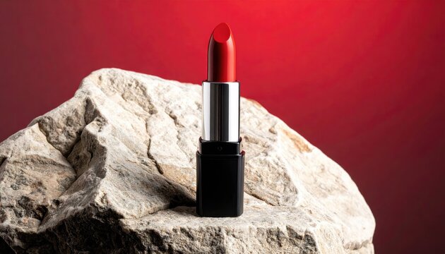 Bright red lipstick stands erect on a rough rock with a red gradient backdrop