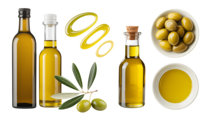 Three glass bottles of olive oil with olives and leaves on white background, healthy cooking ingredients, culinary essentials, food and drink concept