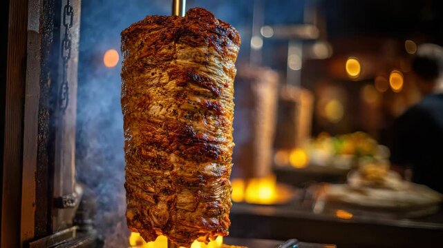 Shawarma Meat Stack Roasted on Spit with Flames in Restaurant Kitchen Setting With Soft Lighting and Golden Brown Crust, Offering an Inviting Culinary Experience