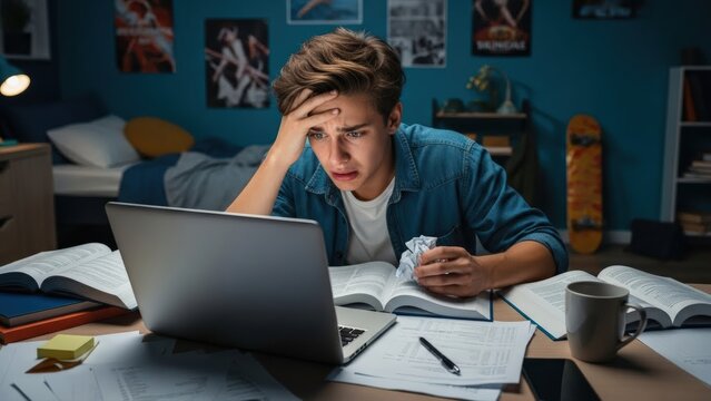 Overwhelmed young student studies late at night, feeling anxious after receiving bad news on a laptop in his modern youth room