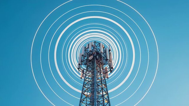 Telecommunications tower emitting concentric signal waves against clear blue sky background
