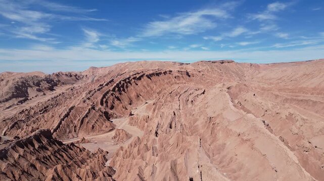 San Pedro de Atacama, Chile: Aerial footage of rock formation of Death valley in San Pedro de Atacama, Chile on sunny day. Taken with forward and rotation motion