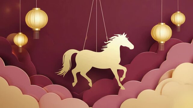 Golden horse silhouette hanging with chinese lanterns and clouds in red background