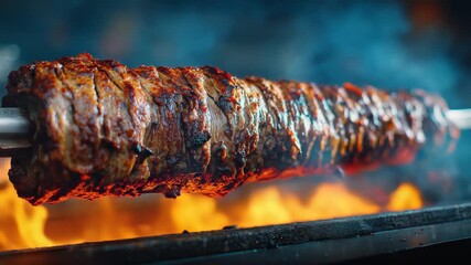 Close Up of Delicious Shawarma Meat Cooking Over Open Flames in Blue Toned Background for Food Preparation Photography