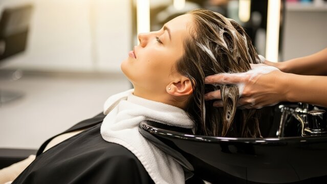 Relaxed client enjoys a pampering hair wash and therapeutic scalp massage at a modern salon, draped in a black cape with a soft white towel
